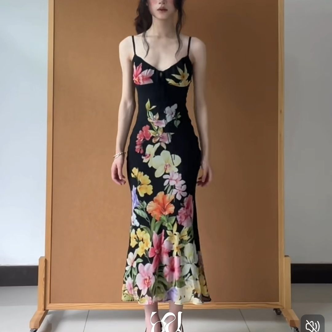 레트로 열대 꽃 슬리브리스 원피스 여성 여름 해변 휴양지 스타일 스트링 허리 슬림핏 보디컨 원피스