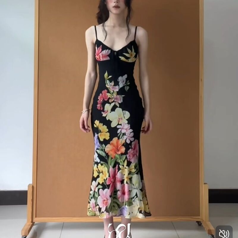 Retro Tropical Floral Strap Dress for Women, Summer Beach Vacation Style, Drawstring Waist Slim Fit Bodycon Dress