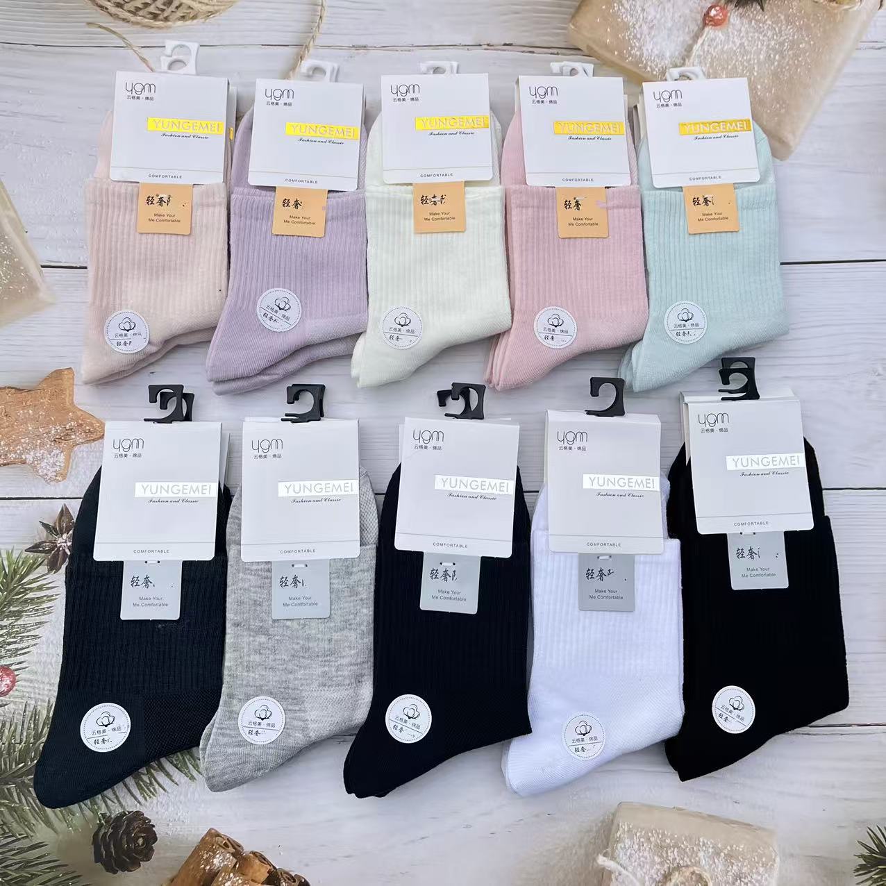 Yungemei Mid-tube Mesh Cotton Socks Factory Direct Supply Men's and Women's Pure Color Cotton Socks Spring and Summer Combed Cotton Mid-tube Mesh