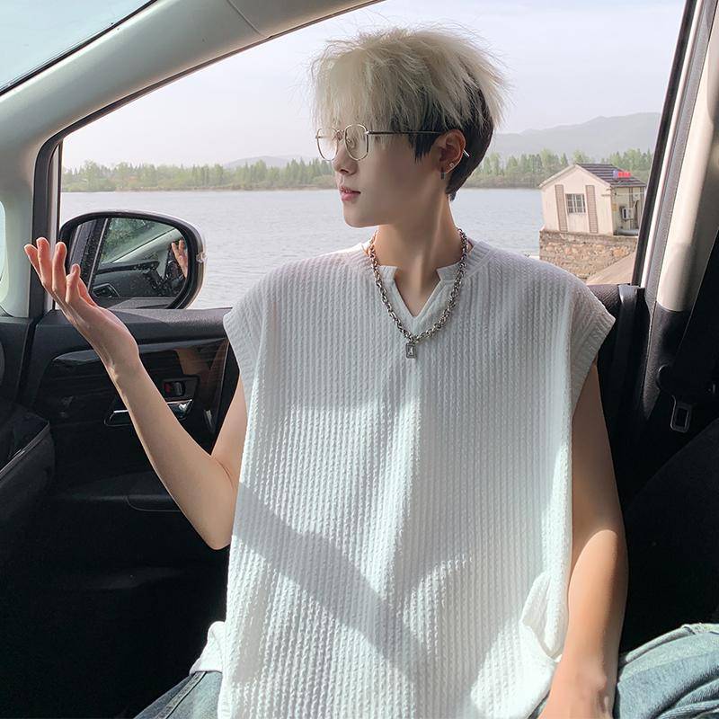 Summer Textured Casual Sleeveless T-Shirt Jacquard Vest Men's Black Versatile Loose Trendy Brand Handsome Top