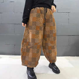 复古风印花夹棉哈伦裤女 2025冬新款宽松大码碎花保暖棉裤直筒裤