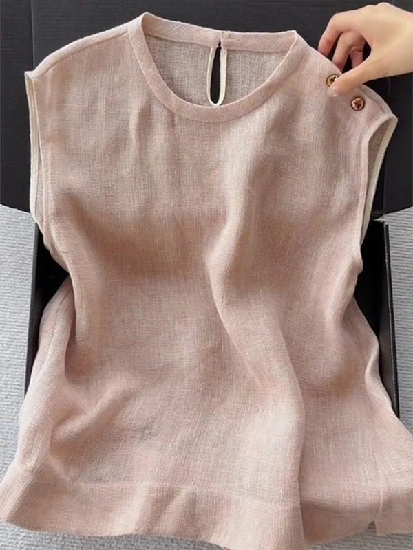 Highly Recommended! Minimalist Pink Linen Sleeveless Tank Top for Women, New Summer Style with Round Neck and Button Decoration T-Shirt Top