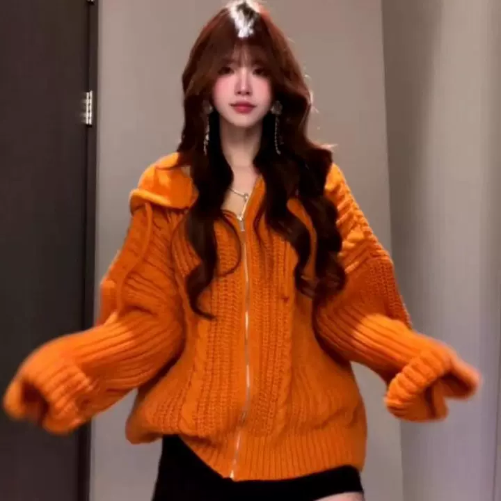 美式复古慵懒风麻花针织连帽毛衣女秋冬季宽松多巴胺软糯开衫外套