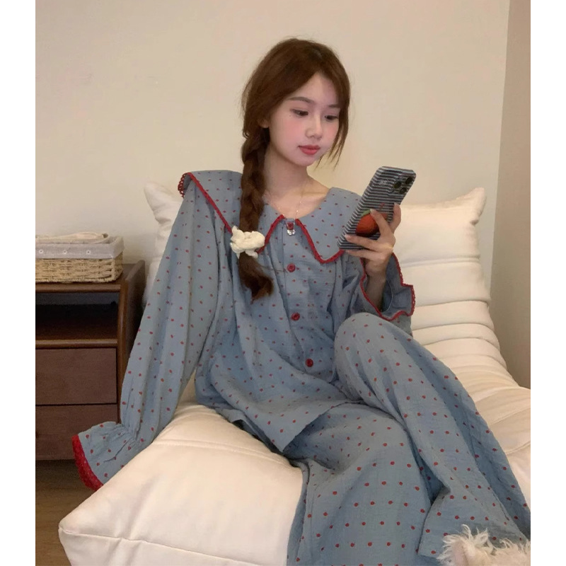 韩系甜美娃娃领纯棉睡衣女秋季2025新款双层简约舒适纱家居服套装|undefined