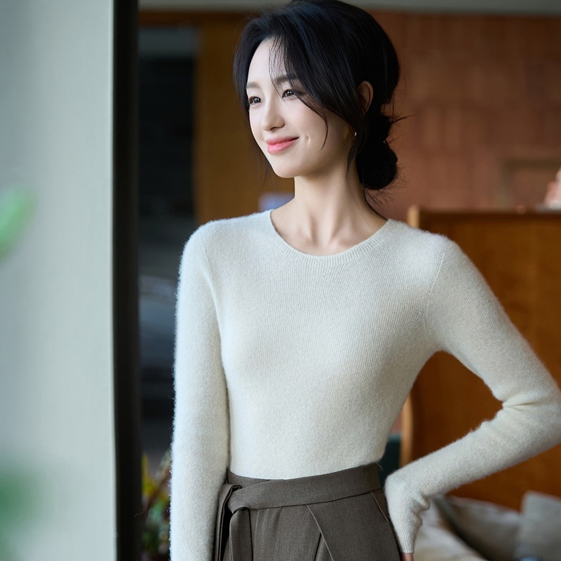 法式圆领无缝一体100羊毛针织衫女2025新款修身内搭毛衣打底衫|undefined