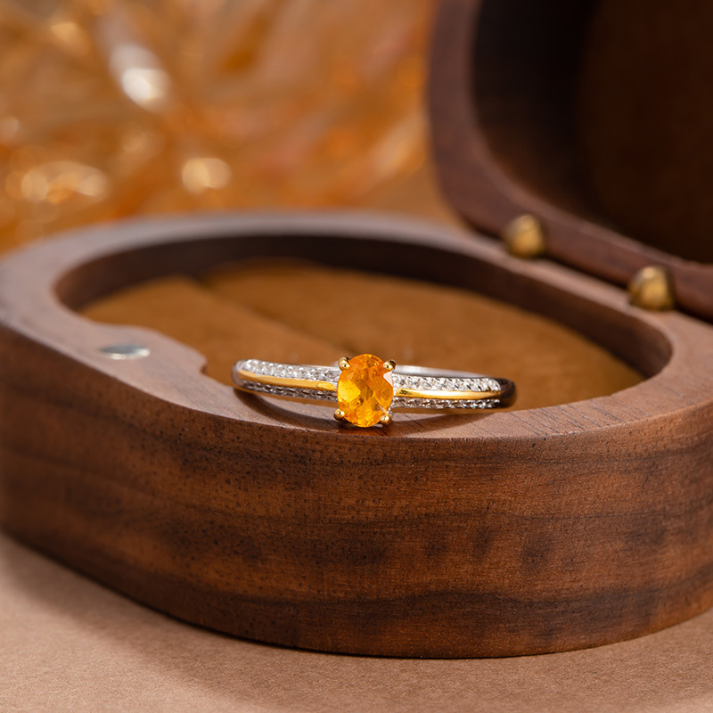 Piedra Fanta amarilla natural s925 con incrustaciones de plata esterlina anillo simple personalidad femenina tendencia estilo ins atmósfera de moda