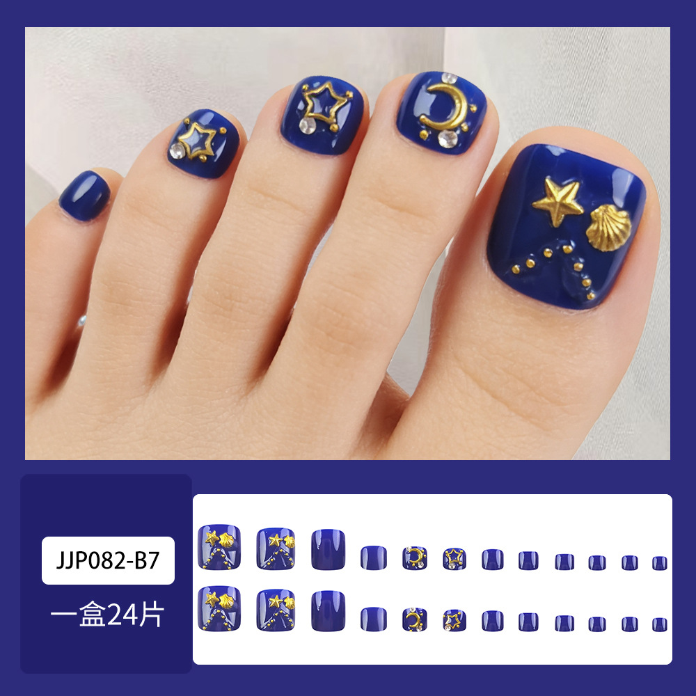 Explosiones transfronterizas de oro de color sólido Uña azul mar profundo Dream Star Moon Uña de los pies 24 piezas más vendidas Uña de uñas