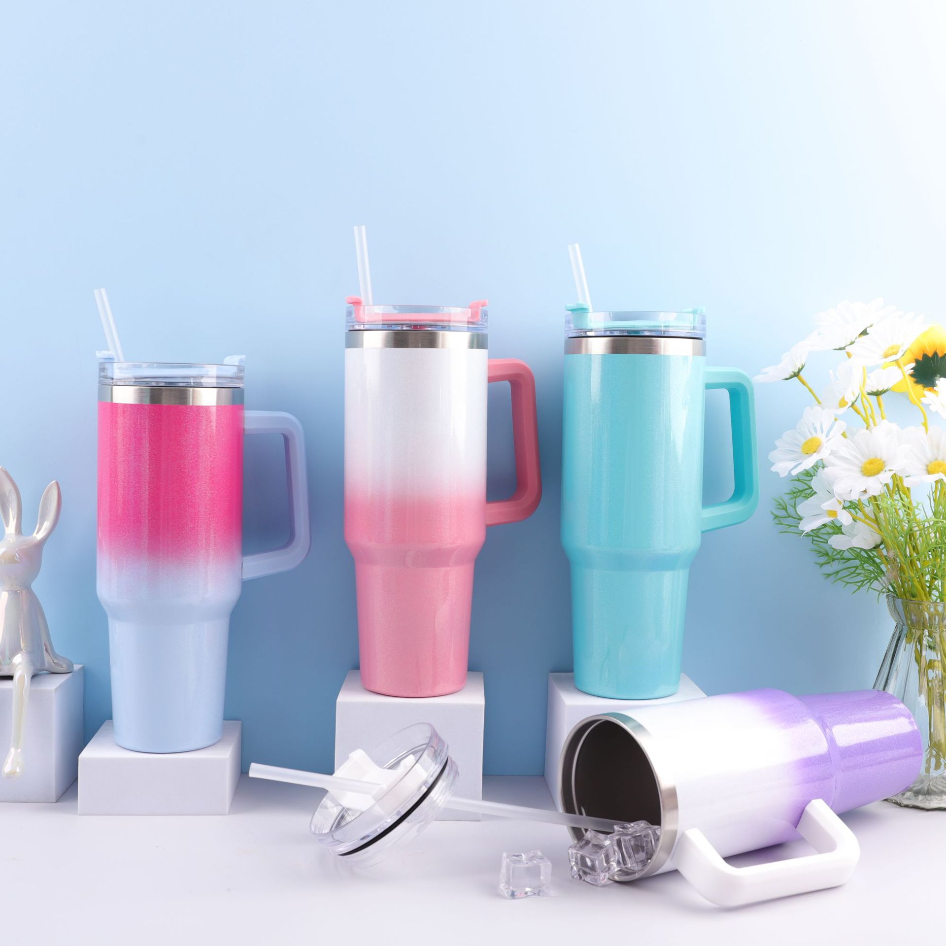Cross-border 304 pintura del arco iris de acero inoxidable 40Oz Taza del coche paja gradiente hielo escudo Copa montado en el coche de gran capacidad termo taza