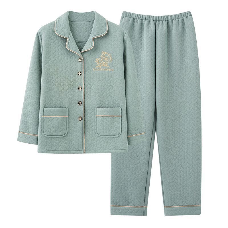 Pijamas engrosados más tamaño puro algodón de las mujeres primavera y otoño manga larga sándwich aire algodón otoño e invierno las mujeres homewear