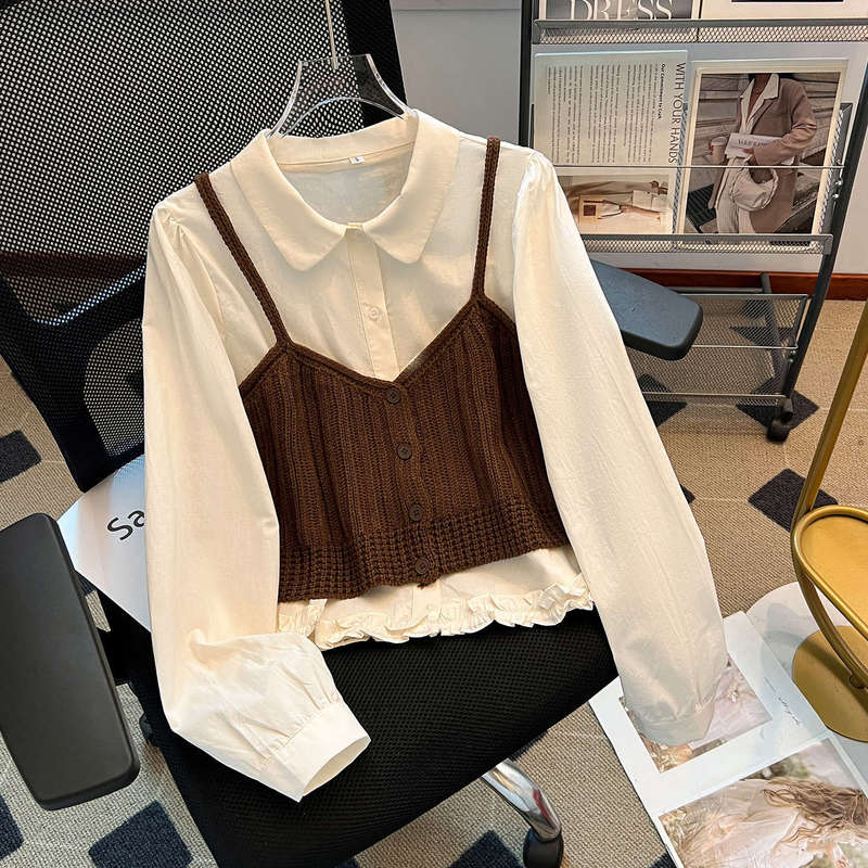 蓝色长袖衬衫搭配吊带背心女2025早秋新款小个子穿搭一整两件套装|undefined