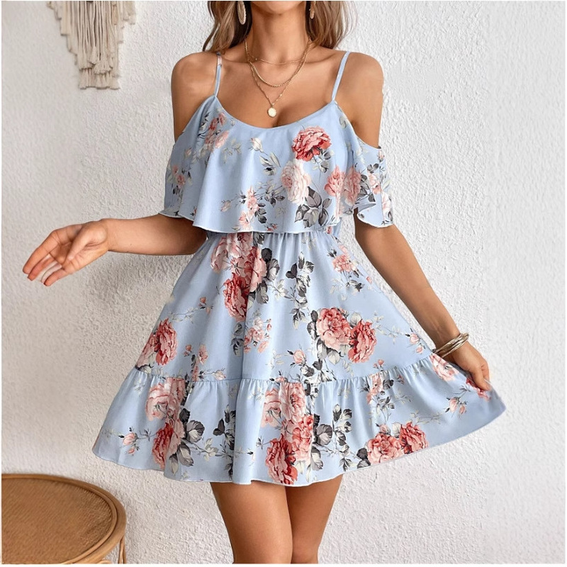 Foreign Trade European and American Style Classic Bohemian Print Cold Shoulder Pleat dress