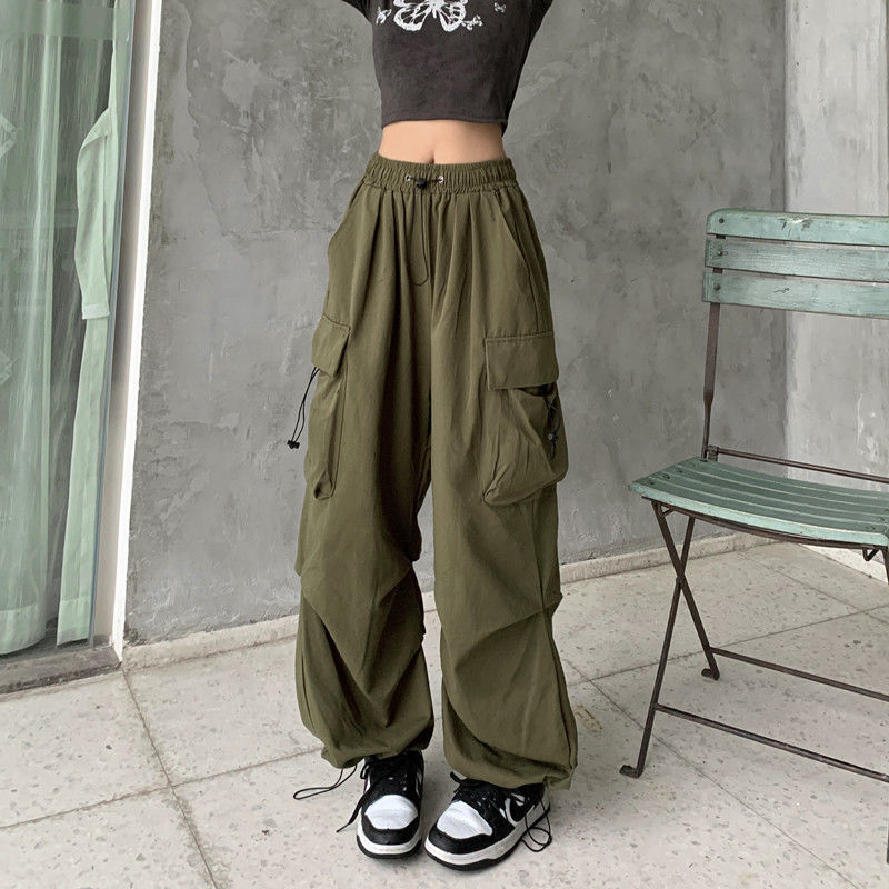 軍綠色速干工裝褲女春秋2024新款高腰闊腿休閒衝鋒夏季美式運動褲