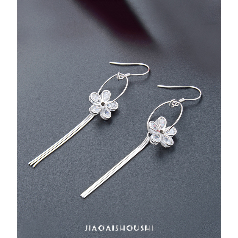S925 flores de plata esterlina pendientes de bordillo estilo femenino estilo coreano de diamantes temperamento ligero de lujo ganchos de orejas personalidad suministro transfronterizo