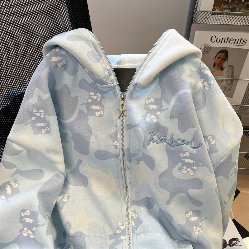 アメリカンスイートクールフルプリント迷彩刺繍kt猫スウェットシャツレディース春秋ヴィンテージドーパミンフード付きジャケットカーディガン|undefined