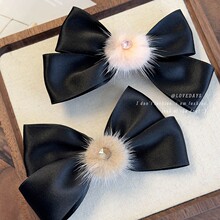 秋冬可爱毛球缎面蝴蝶结发夹顶夹发饰2024新款高端气质精致发卡女