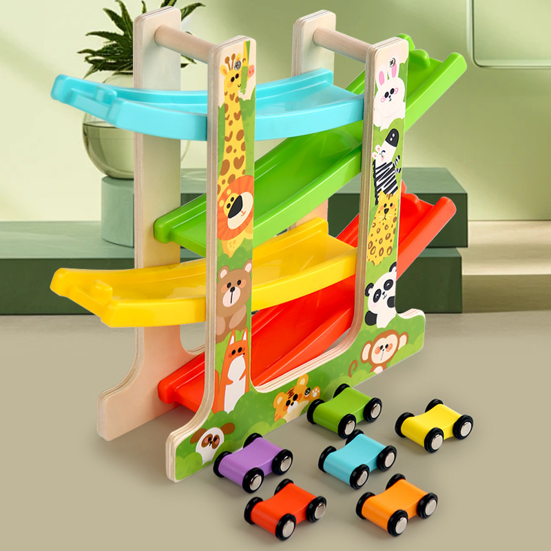Coche inercial de deslizamiento de cuatro pistas de madera para niños, Amazon transfronterizo, juguetes educativos de educación temprana para bebés de 3-7 años