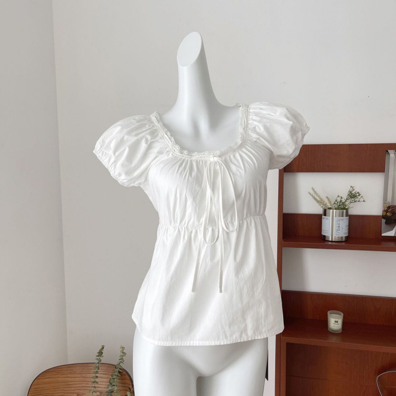 French Puff Sleeve Summer Waist New Style Pure Pure First Love Slim Temperament Lace White Top Square Collar Shirt
