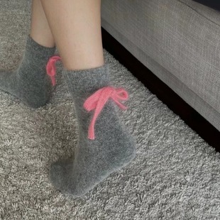 [Rabbit hair bow] South Korea wife of shop-owner with wool socks color bow socks pink bow