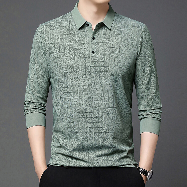 Live Broadcast Popular Long-Sleeved T-Shirt for Men Spring & Fall New Middle-Aged Men's Casual Versatile Trendyy Printed Lapel Polo Shirt