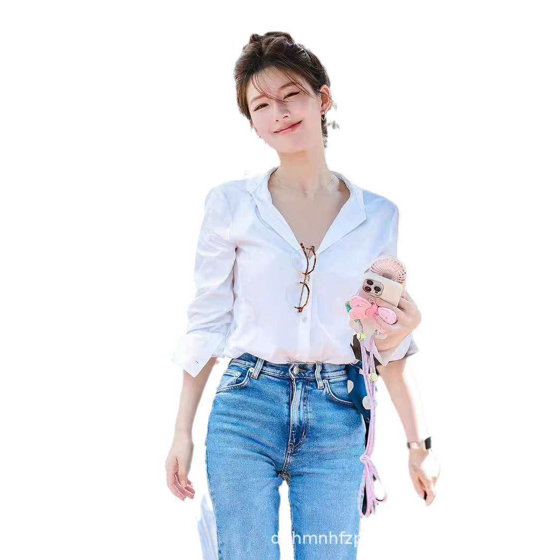 쉬우모에이옌(쉬우모에이옌)의 오라클리스(오라클리스) 같은 스타일의 화이트 디자인 브이넥 셔츠, 슬림하고 얇은 고급스러운 여성 가을 상의