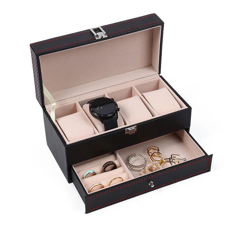 Cross-border hot carbon fiber double-layer watch box jewelry watch Storage Box 4 double-layer watch box wholesale