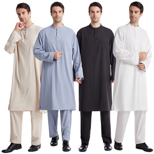 Spot Middle Eastern Button Round Neck Robe Suit Southeast Asia Arabic Mid-Length Ethnic Men's Plus Size Plus Size