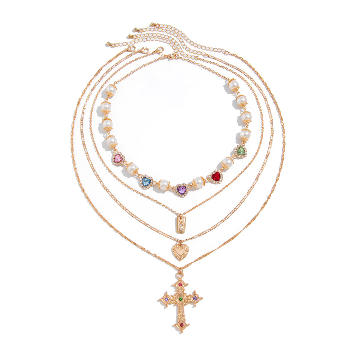 Collier Multirang Femme Avec Pendentif Croix Et Cœurs Strass_voghion.com