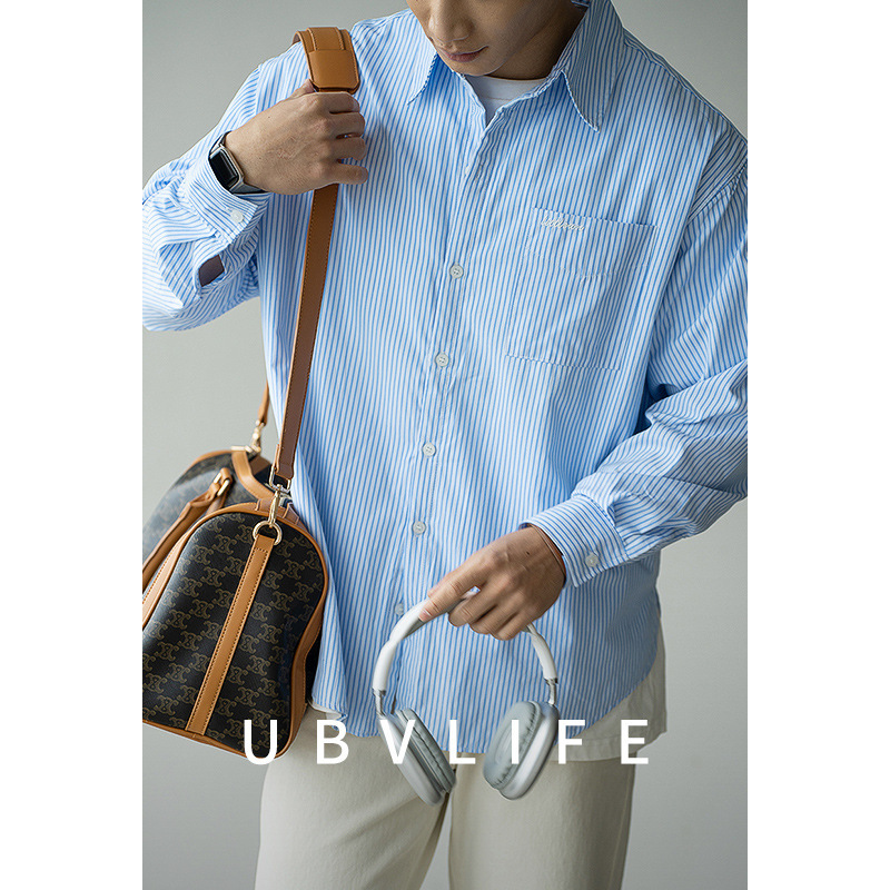[Clearance] Japanese-Style Faux Two-Piece Blue and White Striped Long-Sleeve Shirt for Men, Suitable for Spring and Autumn, Casual Turn-Down Collar Shirt