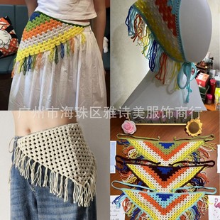 New Bohemian Ethnic Style Colorful Knitted Triangle Towel Korean Style Fashion All-match Lace-up Hot Girl Stacked Fart Curtain