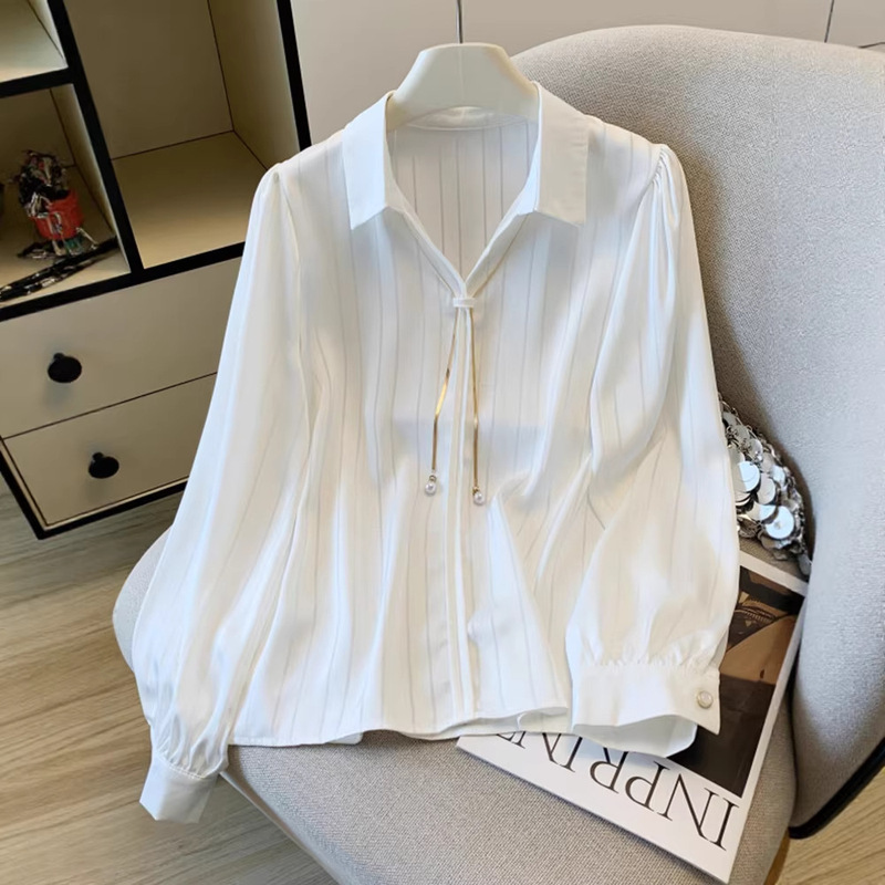 High-End Satin White Striped Shirt for Women, Early Autumn New Design, Workwear Style, Age-Reducing White Shirt A10980