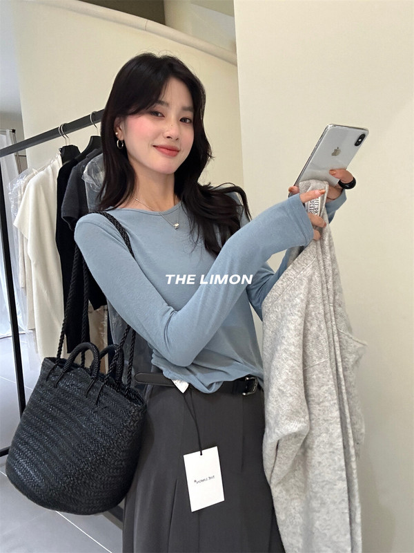 the limon柠檬绿茶2025秋季韩系简约百搭显瘦修身圆领长袖T恤女|undefined