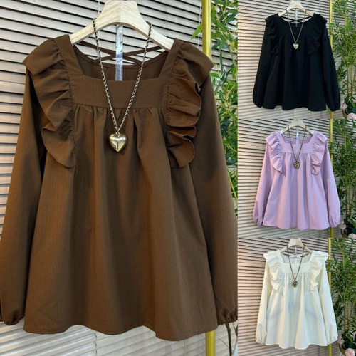 Premium plus-size European early autumn women's fashion top in coffee color with lace details, featuring a design sense.