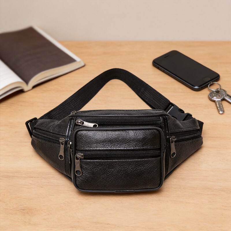 Cross-Border Cowhide Men's Waist Bag, Outdoor Sports and Leisure Pu Leather Chest Bag, Multi-Functional Running Shoulder Crossbody Bag, Waist Bag