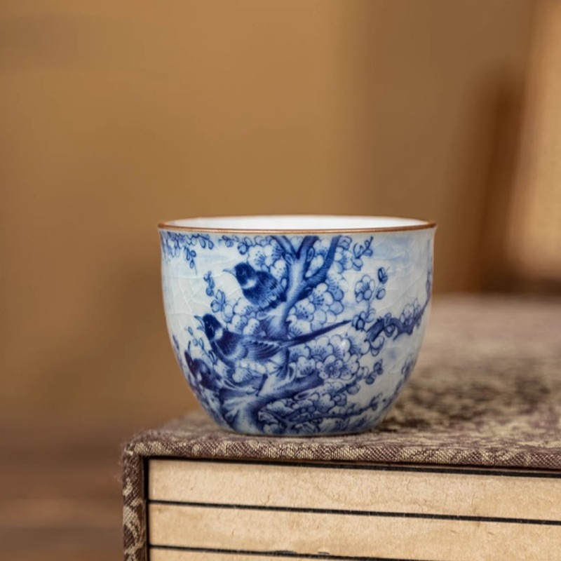 景德镇陶泥青花花鸟主人杯家用陶瓷专用个人杯中式品茗杯会客茶杯