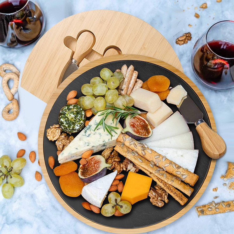 Tablero de queso de bambú multifuncional con cuchillo y tenedor tablero de corte para fiesta doméstica refrigerio de frutas jamón bandeja de bambú