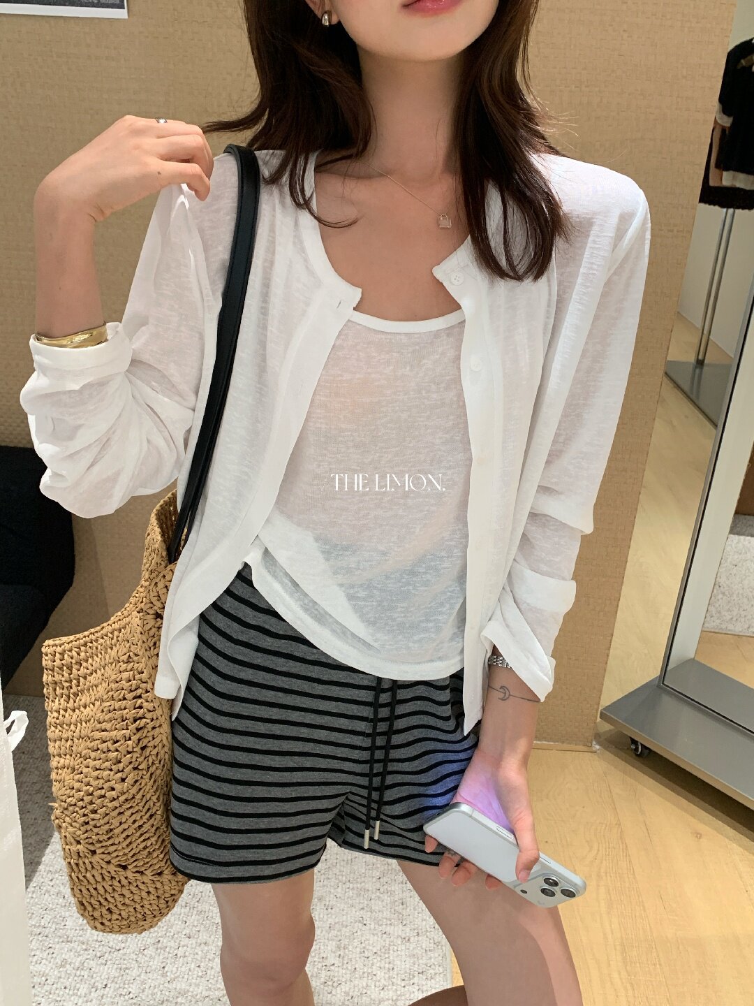 Bộ cardigan len mỏng kèm áo hai dây hai mảnh nữ mùa hè — Xám cacbon, xanh lam, màu hồng, Đậu xanh chi tiết 77