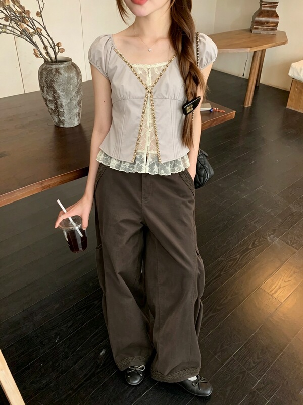 French-Style Girly Fake Two-Piece Lace Shirt for Women, Summer Sweet Shell Lace Blouse with a Unique Design French-Style Girly Fake Two-Piece Lace Shirt for Women, Summer Sweet Shell Lace Blouse with a Unique Design