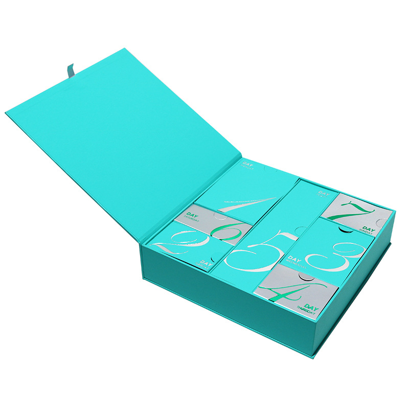 Caja de embalaje de regalo sorpresa personalizada, calendario semanal en forma de libro, caja ciega, fabricante de cajas de papel de joyería de protección ambiental de gran capacidad image 3