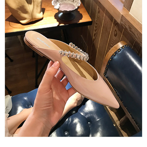 Cowhide Version ~ Genuine Leather Rhinestone Slippers with Pointed Toe Mueller Women's Outer Wear Half Slippers French Sandals