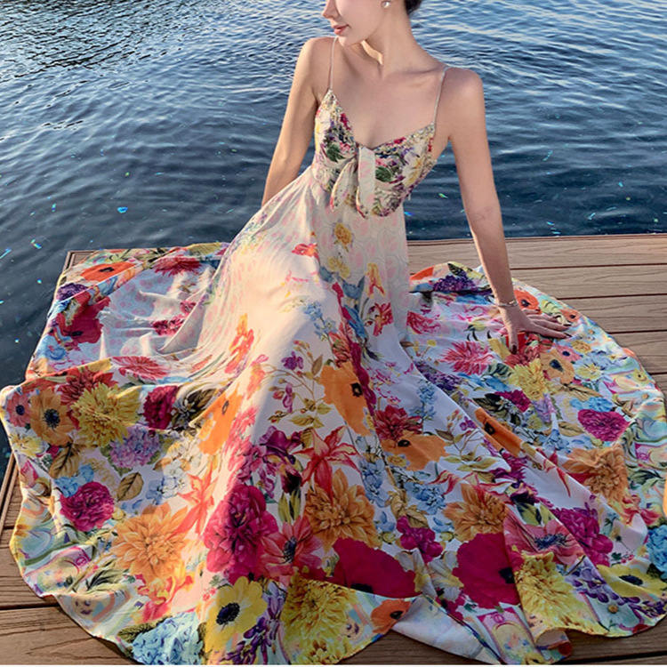 French Style Pure Sexy Ice Muscle Bone Colorful Broken Flower Sling Strap High Waist Seaside Vacation Dress for Women