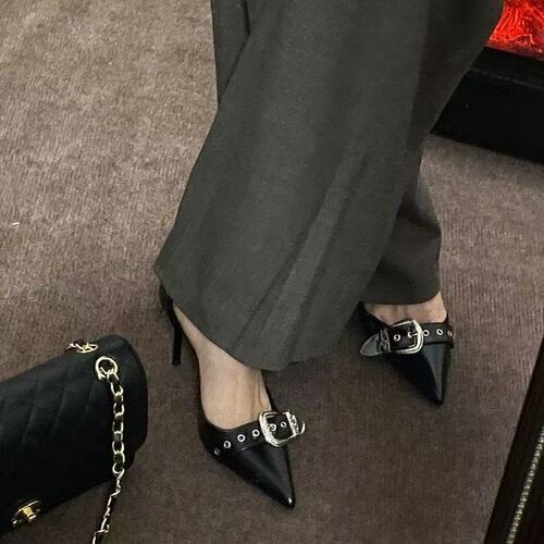 Black Punk Style Pointed Toe High Heels with 2025 Height Increase Metal French Rivets, Unique Women's Medium Heel with One Strap Fastener