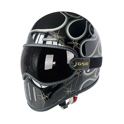 Motosiklet kaskı (dəbilqə) – Fiberglass Retro Motorcycle Helmet Full-Face Electric - silver-flame-black-tea-mirror-m55-56