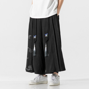 Summer 2023 men's improved Hanfu retro wide-leg pants ribbon linen ancient style culottes crane song pants couple style