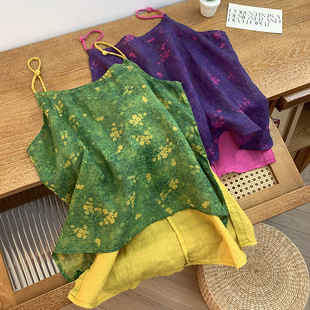 Real Shot of 2025 Summer New Loose Casual Retro Contrasting Color Inner Wear with Irregular Printed Vest Suspenders