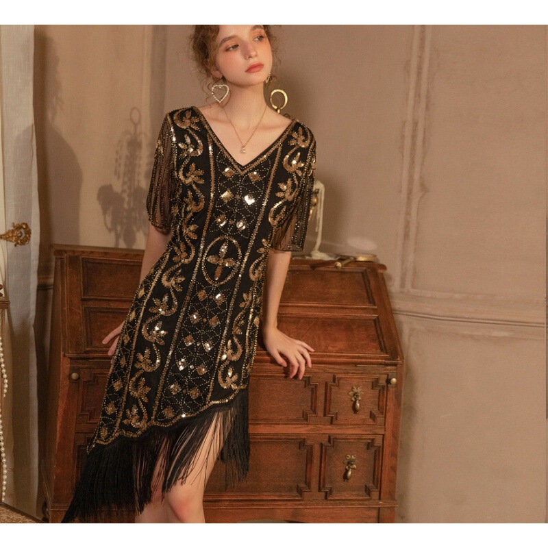 Cross Border New Retro Sequins Gatsby Ball Tassel dress Evening Party Dancing Dress Sexy Dress