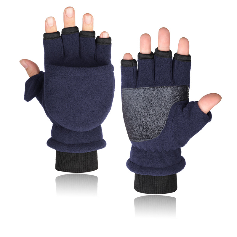 Hombres y mujeres de invierno de doble capa de forro polar cálido engrosado antideslizante dedo abierto medio dedo al aire libre polar pantalla táctil Flip guantes