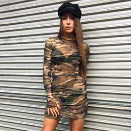 跨境速卖通外贸女装时尚圆领性感迷彩印花高弹紧身包臀网纱连衣裙