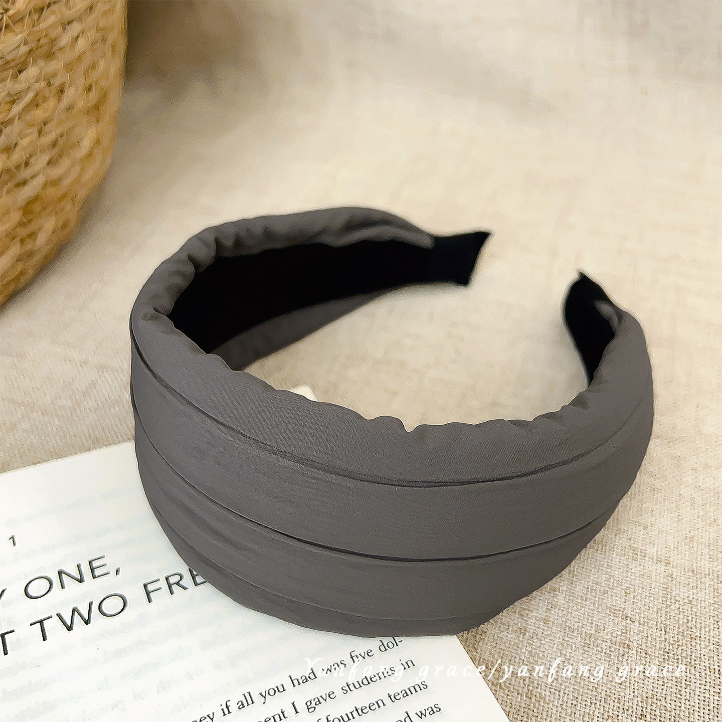 Gray wrinkled windbreaker fabric wide-brimmed headband