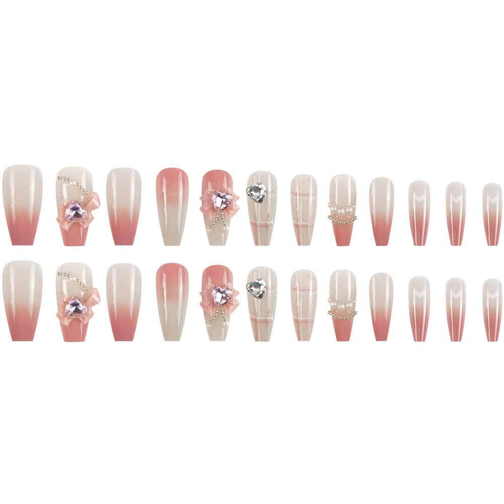 Color rosa blanco gradiente perforación de arco manicura amor exquisito brillante viento usar uñas 24 piezas parches de uñas terminados