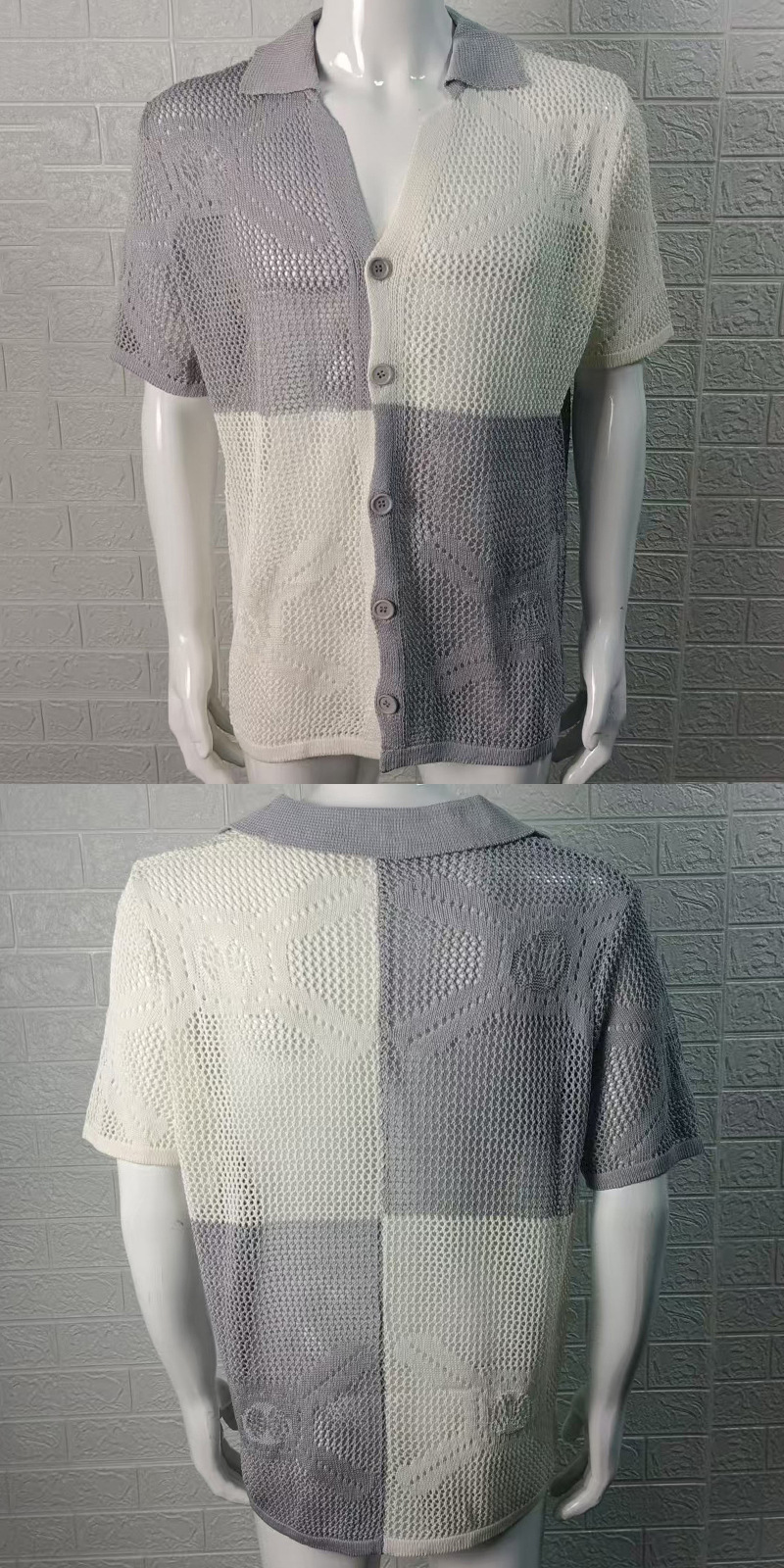 Color Block Hollow Knit Sweater Turn-Down-Kragen Kurzarm-Cardigan Dünn Sommer Muscle Plus Size Herrenbekleidung_voghion.com